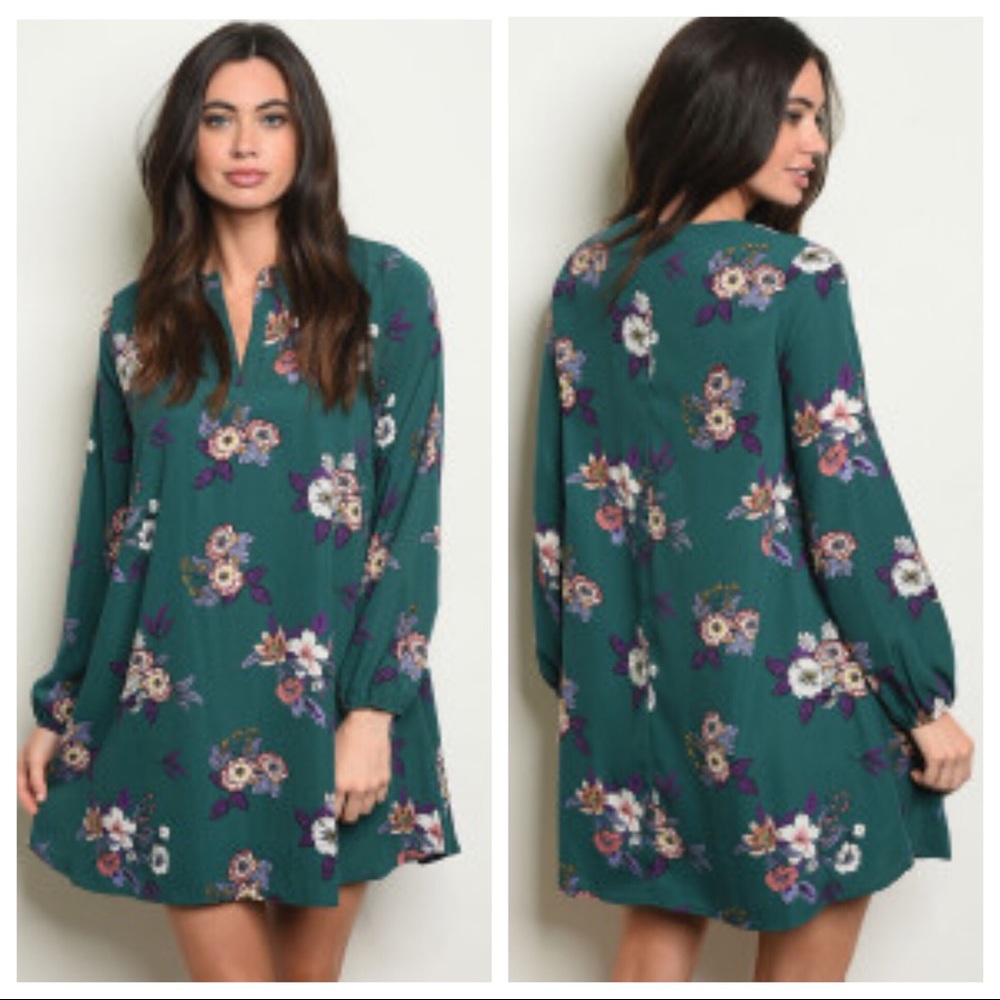 Green Floral Long Sleeve Tunic Dress - Picture 7 of 7